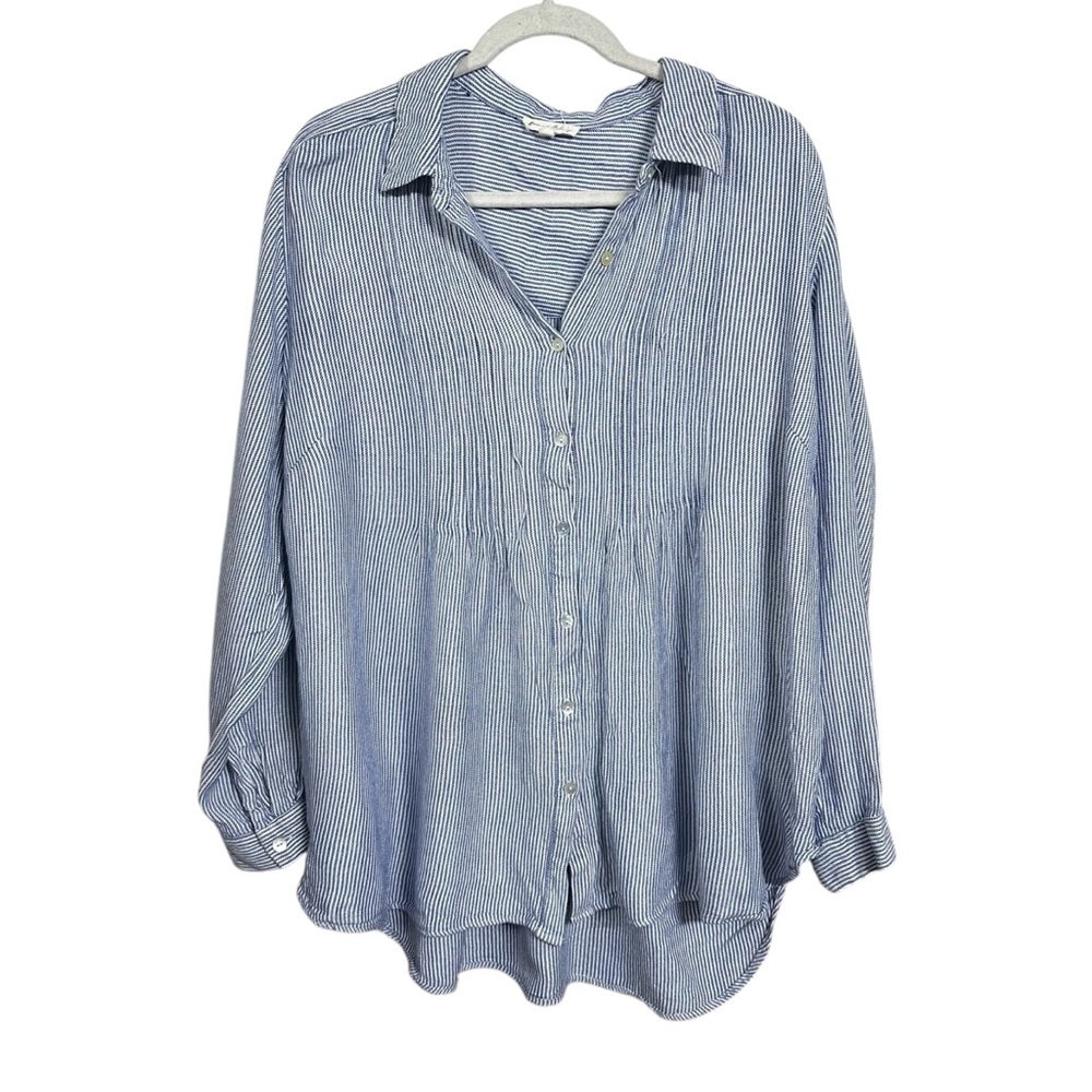 Jane and Delancey Womens Sz 1X Blue Long Sleeve Button Up Casual Striped Top